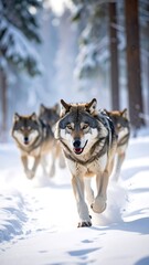 Three wolves running through snowy forest