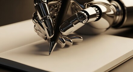 Chrome robotic hand carefully poised to write important notes or sign official documents upon a clean white notepad page