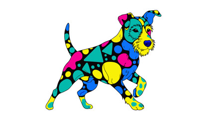 Colorful Abstract Dog Illustration with Geometric Shapes and Vibrant Patterns