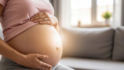 A close-up of a pregnant woman gently cradling her large baby bump with both hands while sitting indoors.
