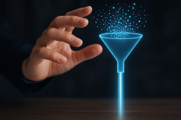 Data analysis funnel insight hand holographic A human hand manipulating a holographic data funnel filtering chaotic particles into an organized beam light conveying discovery