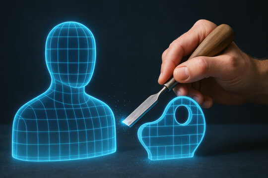 Customization personalization sculpting prototype innovation &mdash; A hand uses a chisel to sculpt a hologram avatar and unique form conveying creative and inspiring custom design