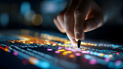 Hand with Stylus Interacting with Data Visualization, Futuristic Tech Concept.