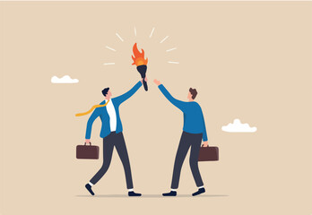 Successor plan, baton pass or transfer to new chosen leader, change new CEO or collaboration to achieve goal and win business competition concept, smart businessman leader passing torch to successor