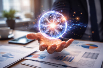 Energy innovation analysis insight focus A glowing energy orb hovers above a business hand over charts and reports conveying dynamic analytics and strategic creativity