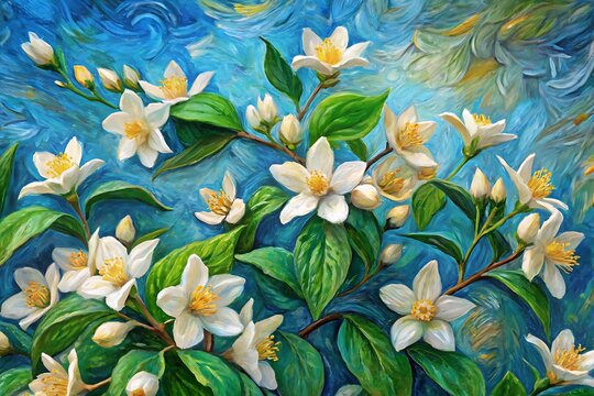 Painting of a bunch of white flowers with green leaves