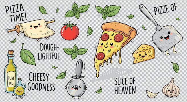 Hand drawn pizza ingredients collection funny pizza time characters slice of heaven