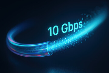 Fiber optic 10 Gbps data speed light trail high speed Gbps Glowing fiber optic cable conveys rapid broadband connectivity and digital throughput with vivid blue light
