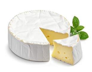 Camembert cheese wheel with a cut slice