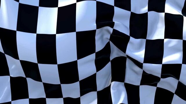Close-up of a glossy black-and-white checkered flag, tangled fabric folds dim with shimmering light