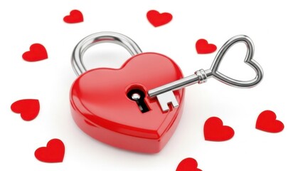 A red heart padlock with a silver heart-shaped key unlocking the symbol of love