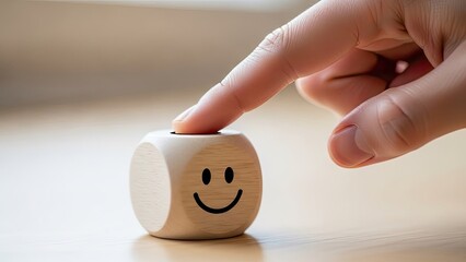 Persons finger pressing on a wooden smiley face button on a cube