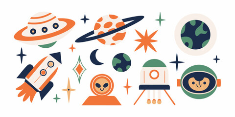 Colorful space exploration illustration featuring planets rockets aliens and astronauts © Bipul