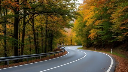 Winding road through a colorful autumn forest