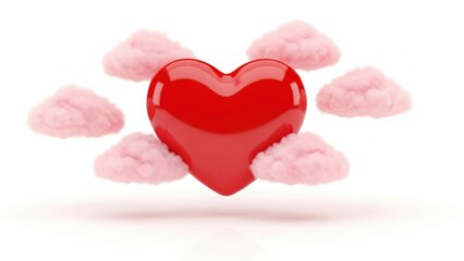 A shiny red heart floating amongst soft pink clouds on a white background