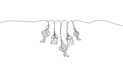 Continuous one line Ramadan hanging ornaments with lanterns and ketupat, Eid al Fitr festive decoration concept, minimalist Islamic linear vector illustration