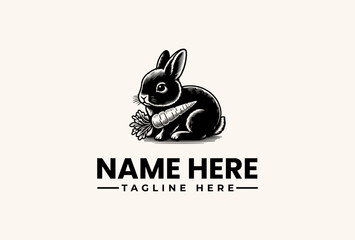 A black and white illustration of a rabbit holding flowers with a tagline and name placeholder in a simple, iconic logo design on a beige background.