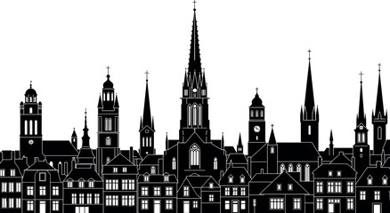 Fototapeta premium Detailed Black Silhouette of Historic European Old Town Cityscape Featuring Gothic Cathedrals Church Spires Traditional Houses and Medieval Architecture Skyline