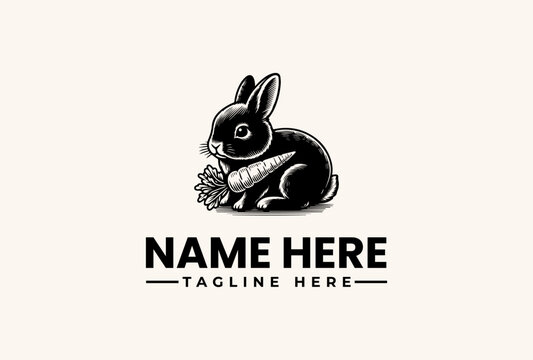 A black and white illustration of a rabbit holding flowers with a tagline and name placeholder in a simple, iconic logo design on a beige background. - Powered by Adobe