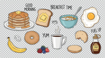 Hand drawn breakfast food collection good morning food set tasty morning meal healthy start