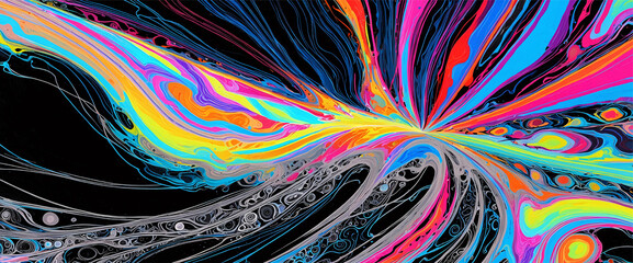 Colorful swirls and streaks bursting from the center on a black background, full of energy and motion