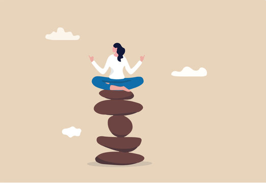Mindfulness meditation to balance work and life, mental health healing with relaxing yoga, enjoy freedom, peace and solitude concept, calm peaceful woman meditate sitting on stack of zen rock pyramid - Powered by Adobe