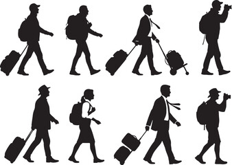 Fototapeta premium Silhouette of travellers carrying luggage, symbolizing a variety of journeys, the world of travel, adventure and exploration.