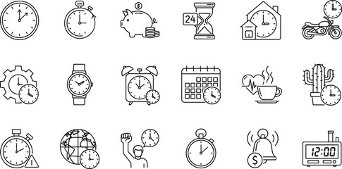 Time management icon set illustration, clocks alarms calendars productivity symbols, deadline scheduling concept, efficiency planning tools, daily routine organization, outline flat vector