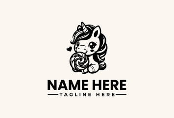 A black and white illustration of a cute unicorn logo with a swirly mane and customizable text on a clean background. © vectorvovdesign