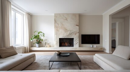 Minimal living room with fireplace wide angle neutral tones natural lighting