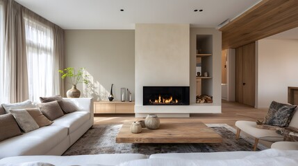 Minimal living room with fireplace wide angle neutral tones natural lighting