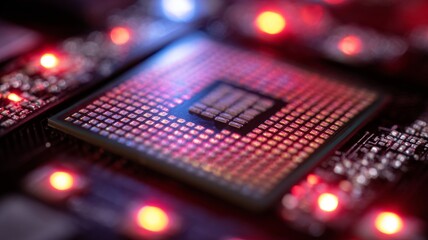 Macro close-up of a computer processor and graphics card with neon led lights, high-tech hardware component storing memory, modern digital technology and electronic circuit details