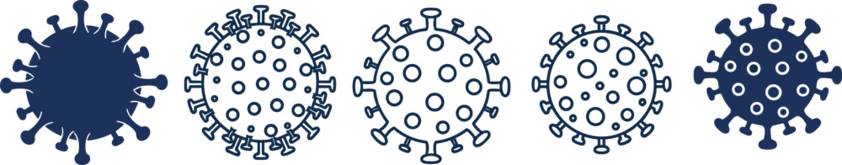 Virus particle icons set, coronavirus cell silhouettes outline styles, medical microbiology pathogen symbols vector illustration flat design modern healthcare concept