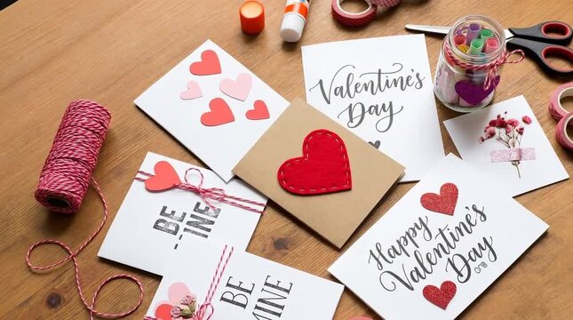 Flat Lay of Handmade Valentine's Day Cards and Crafting Supplies on Wood Table