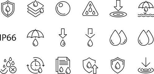 Waterproof icon set, water resistance symbols, droplet rain protection, moisture safety, industrial weatherproof outline vector design collection minimal icons