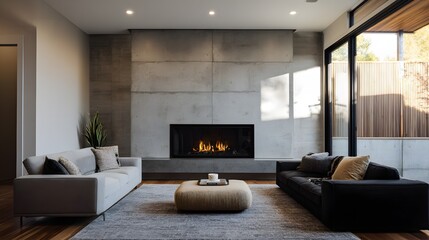 Warm minimal living room wide angle sofa fireplace daylight