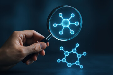 Research development molecule magnifying glass hand examining holographic molecular structure over dark background conveying scientific discovery and innovation
