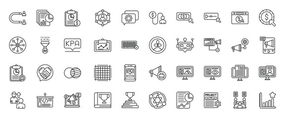 Collection of Diverse Digital Marketing and Business Icons in Outline Style.