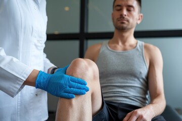 Knee pain surgery options concept. Patient receiving knee examination from a medical professional in a clinical setting.