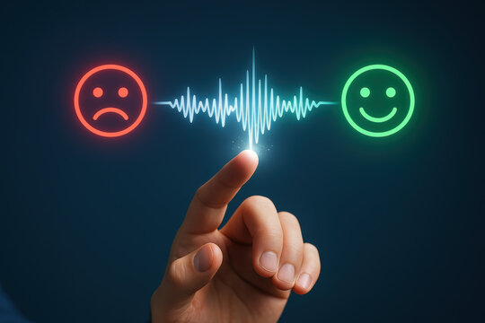 Sentiment analysis soundwave touch A hand interacts with a holographic waveform linking a red sad face to a green happy face conveying emotional change and feedback