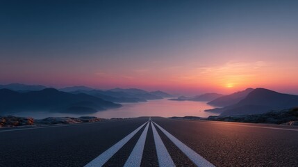 Stunning sunset over mountain landscape with long straight road leading towards horizon du twilight evening with vibrant colors and serene atmosphere