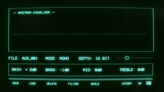 Retro futuristic audio spectrum visualizer interface with CRT glow