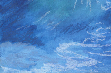 Blue background with sea and sky. Hand-drawn pastel drawing.