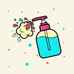 Halftone pop art dot style liquid soap dispenser bottle with foam spray vector illustration