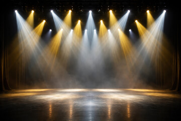 Naklejka premium Stage spotlight smoke curtain empty wooden floor dramatic warm and cool beams illuminate polished surface creating atmospheric theatrical scene ready for performance