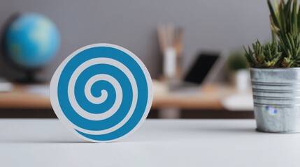 Abstract blue and white swirl mathematical symbol on a round sign placed on a clean white desk with a blurred background of office supplies and a globe