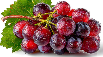 Lush Red Grapes with Sparkling Water Droplets and Green Leaf on White