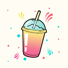 Halftone pop art dot style plastic cup with cold drink and straw vector illustration