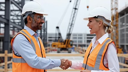 Two construction professionals shake hands on a building site symbolizing partnership collaboration and successful project completion in a modern architectural environment