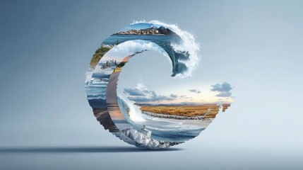 Creative abstract ocean wave design with dynamic water splash curling shape featu ocean landscape and sky reflections on a clean background